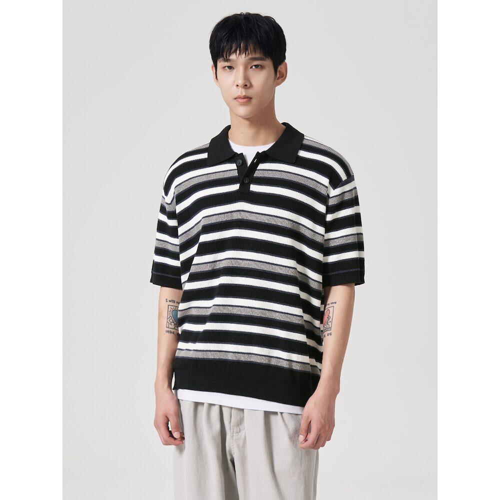 8SECONDS Multi-Stripe Collared Short-Sleeve Knit Black