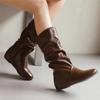 Fashion Mid-Calf Boots Women PU Pleated Boots Female Round Toe Shoes Concise Height Increasing Flat Shoes Autumn Winter 2025 Size34-48