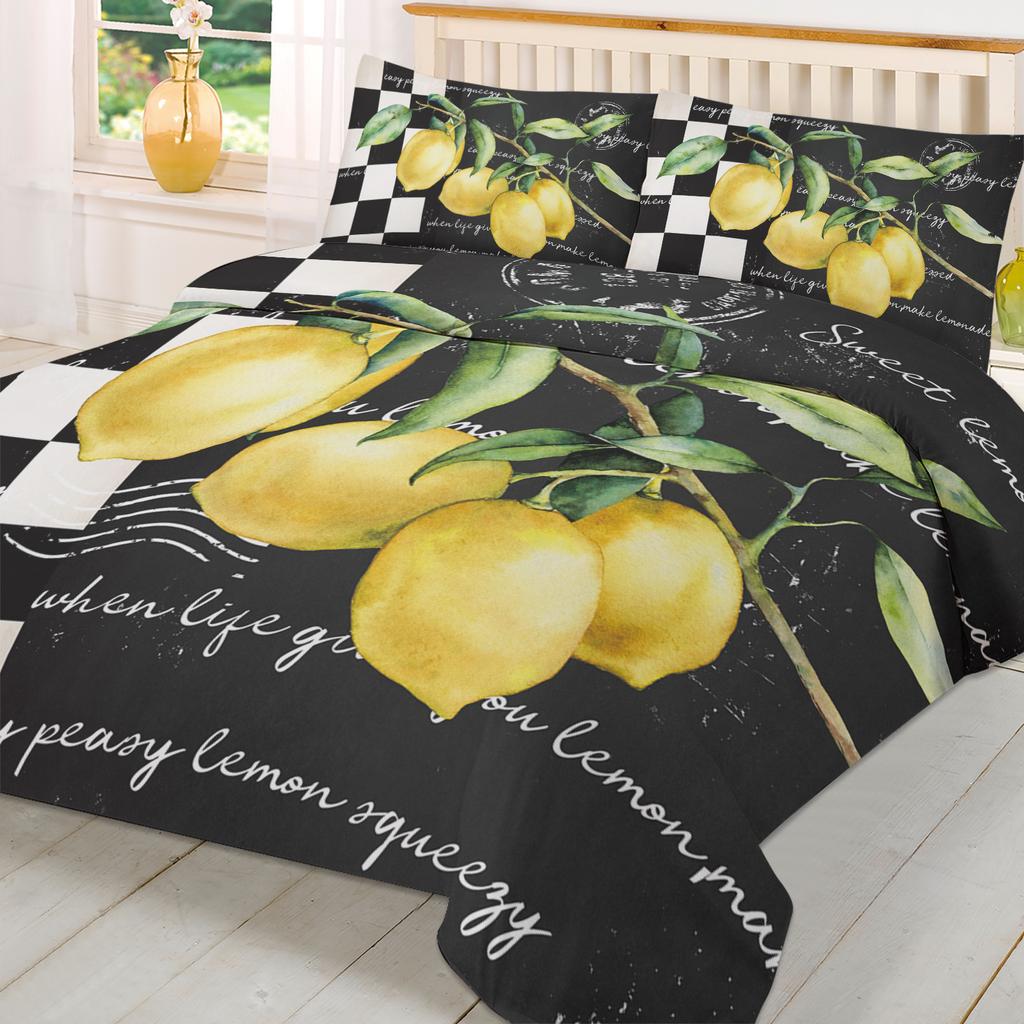 Vintage Farm Fruit Lemon Plaid Black Duvet Cover With Pillow Case Custom 3pcs Bedding Set Quilt Cover Double Bed Home Textile