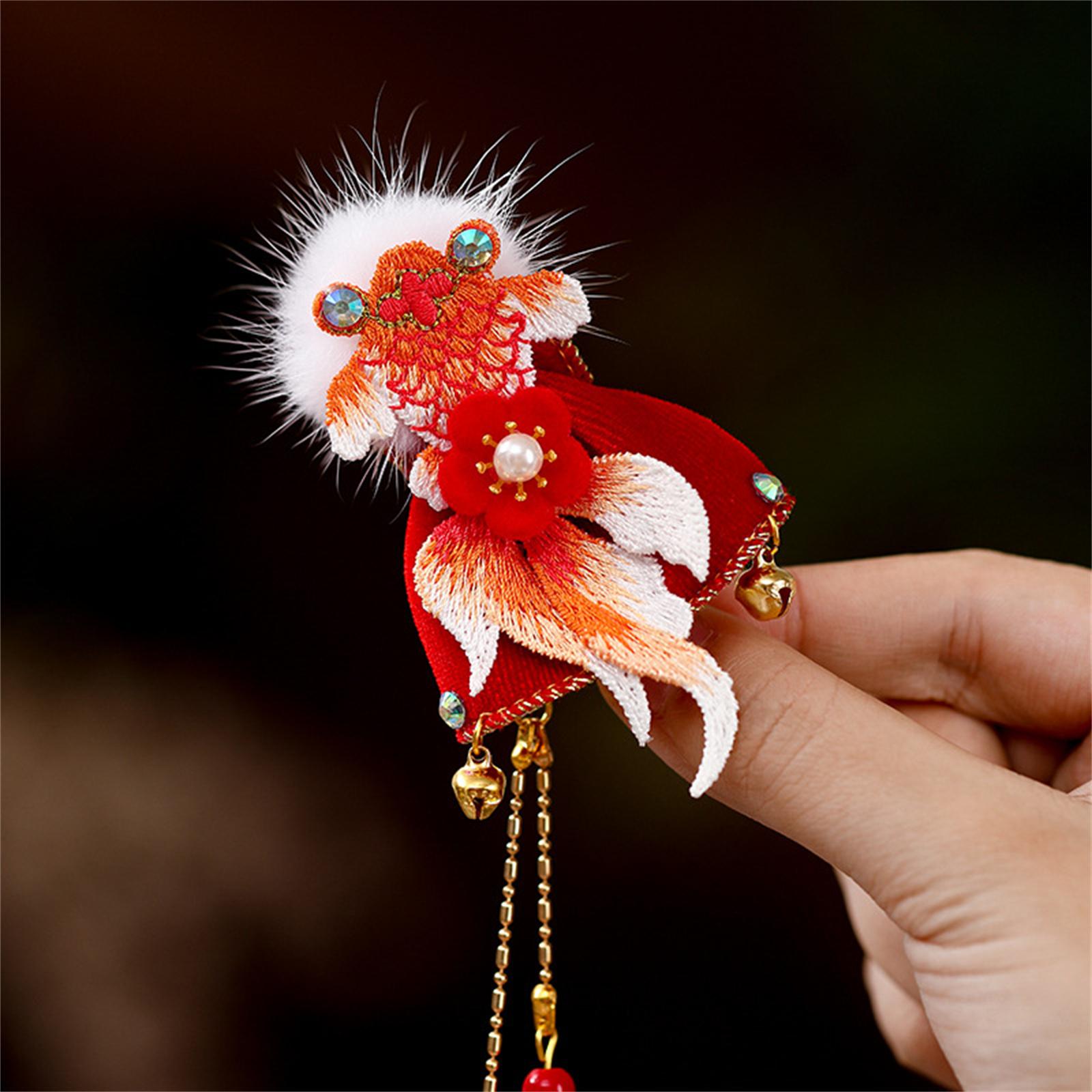 

1/2pc Red Embroidered Goldfish Hair Clip with Bell and Tassel for Girls Chinese New Year Festival Traditional Costume Accessory