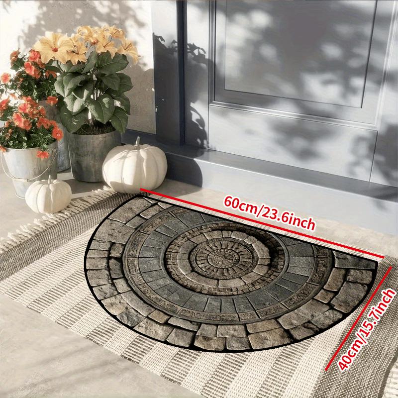 1Pcs Retro Stone and Wood Grain Half Round Door Mat 2D Flat Non Slip Machine Washable Floor Rug for Entryway Living Room Decor