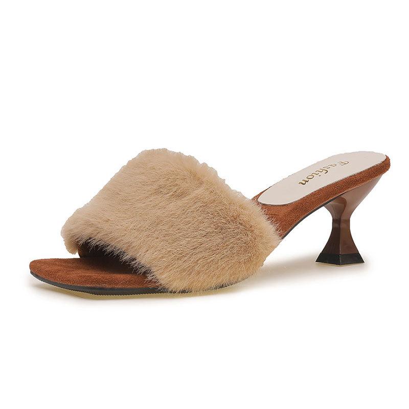 French High-end Fluffy Slippers Women's 2025 Autumn and Winter New Fashion One-word Drag Lightweight High-heeled Slippers
