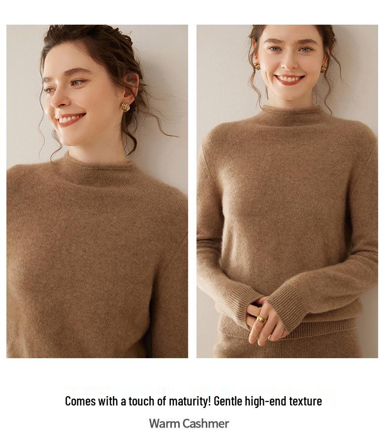 Women's Minimalist Cashmere Semi-High Neck Rolled-Edge Sweater - Loose Fit, Slimming, Long Sleeve
