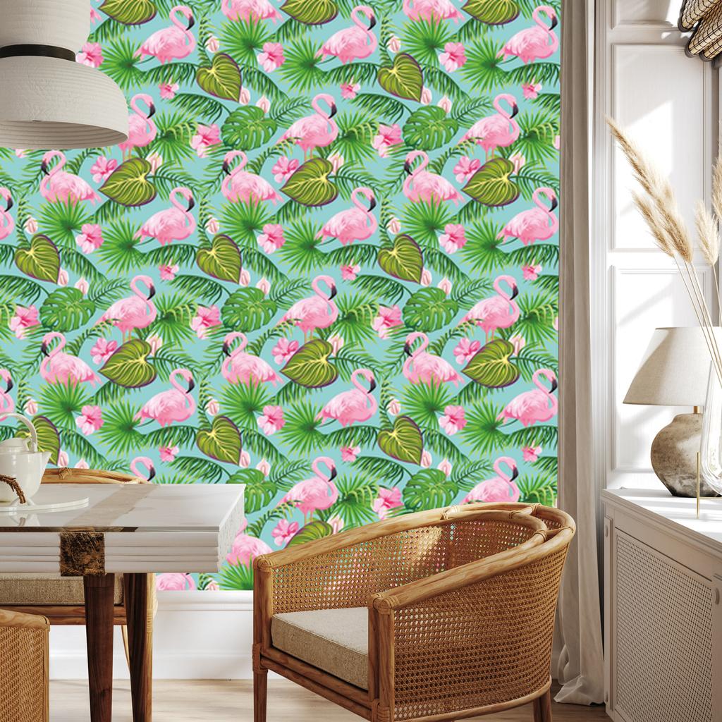 Flamingos, flowers and tropical leaves wallpaper for living room and bedroom 50x1000