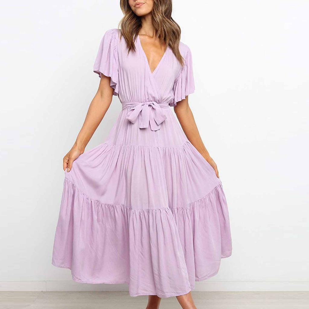 Women's Casual Fashion Color V-neck Lace-up Flared Sleeve Splicing Dress