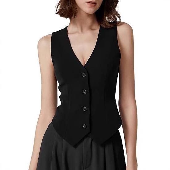 

Women Sleeveless V Neck Button Down Vest Waistcoat Bodycon Slim Fit Casual Tank Top S чёрный
