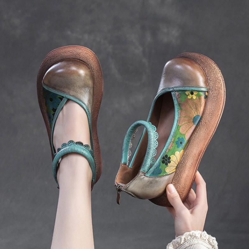 Johnature Thick Soled Height Increasing Shoes Genuine Leather Printed Retro Women's Flat Platform Shoes