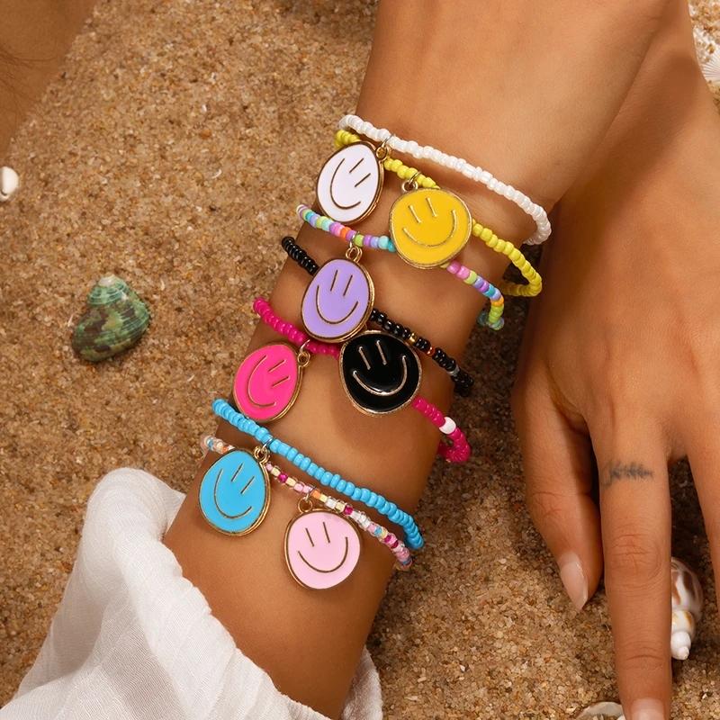 7Pcs/Set Bohemian Cute Smile Face Bracelet for Women Colorful Beads Bracelets Handmade Girls Party Holiday Jewelry Gifts