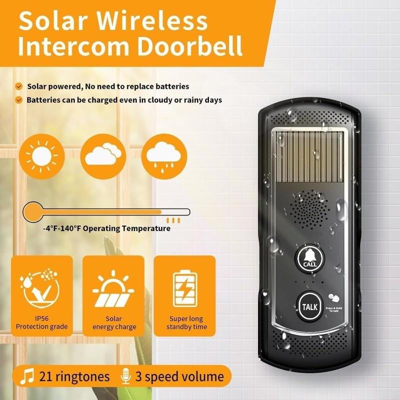 1-3 km 16 Channels Range Solar Voice Wireless Doorbell Waterproof Electronic Intercom System Doorbell Home Voice Intercom Device