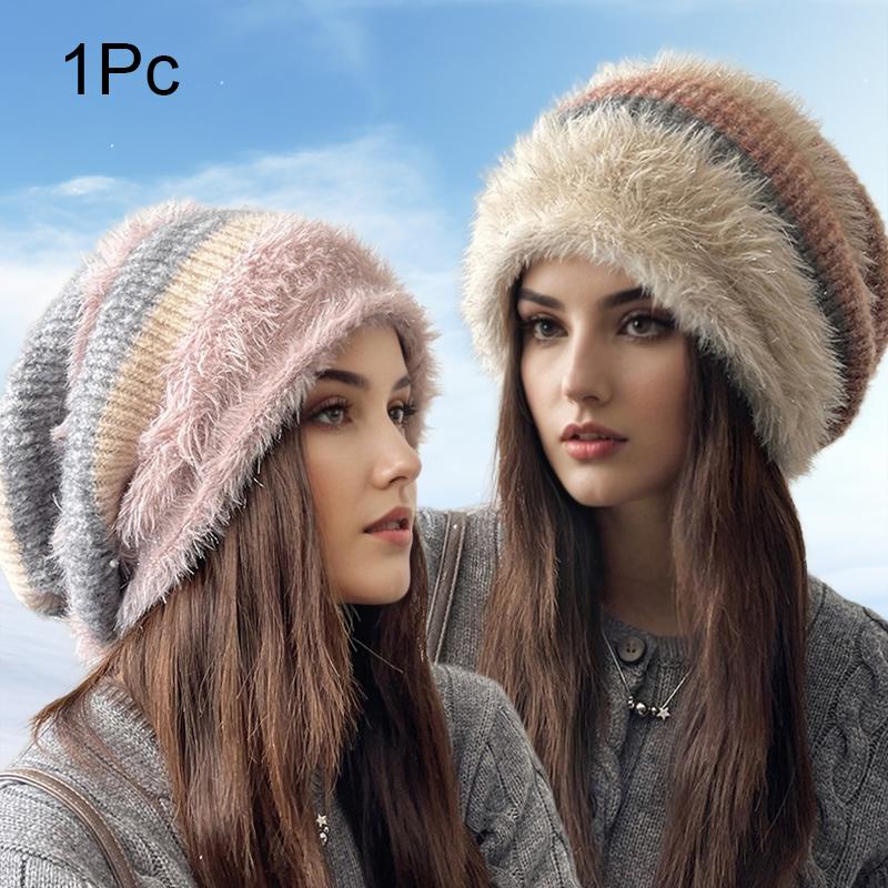 1PC Color Block Elegant Pile Hat Versatile Knitted Fashion High Stretch Warmth Brimless Lightweight Plush Slouchy Hats Multi-Color