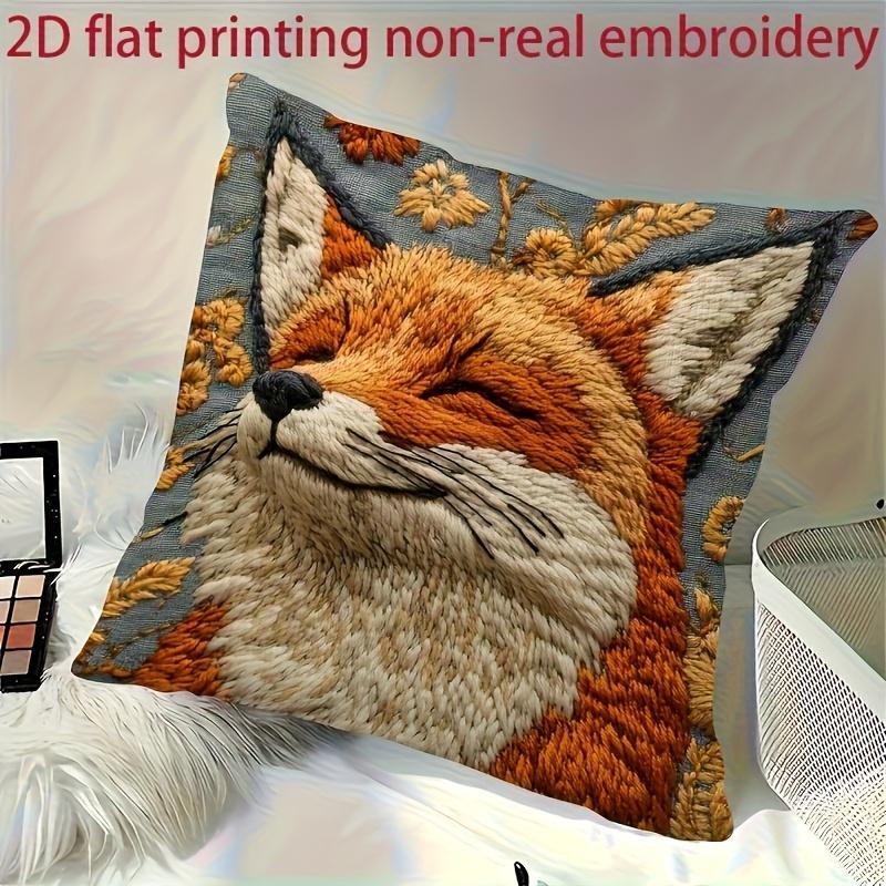 Federa per Cuscino Volpe Sorridente Stampa Ricamo Finto 2D Animale Carino del Bosco Floreale Federa per Cuscino per Divano Letto Divano Arredamento Accogliente per la Casa