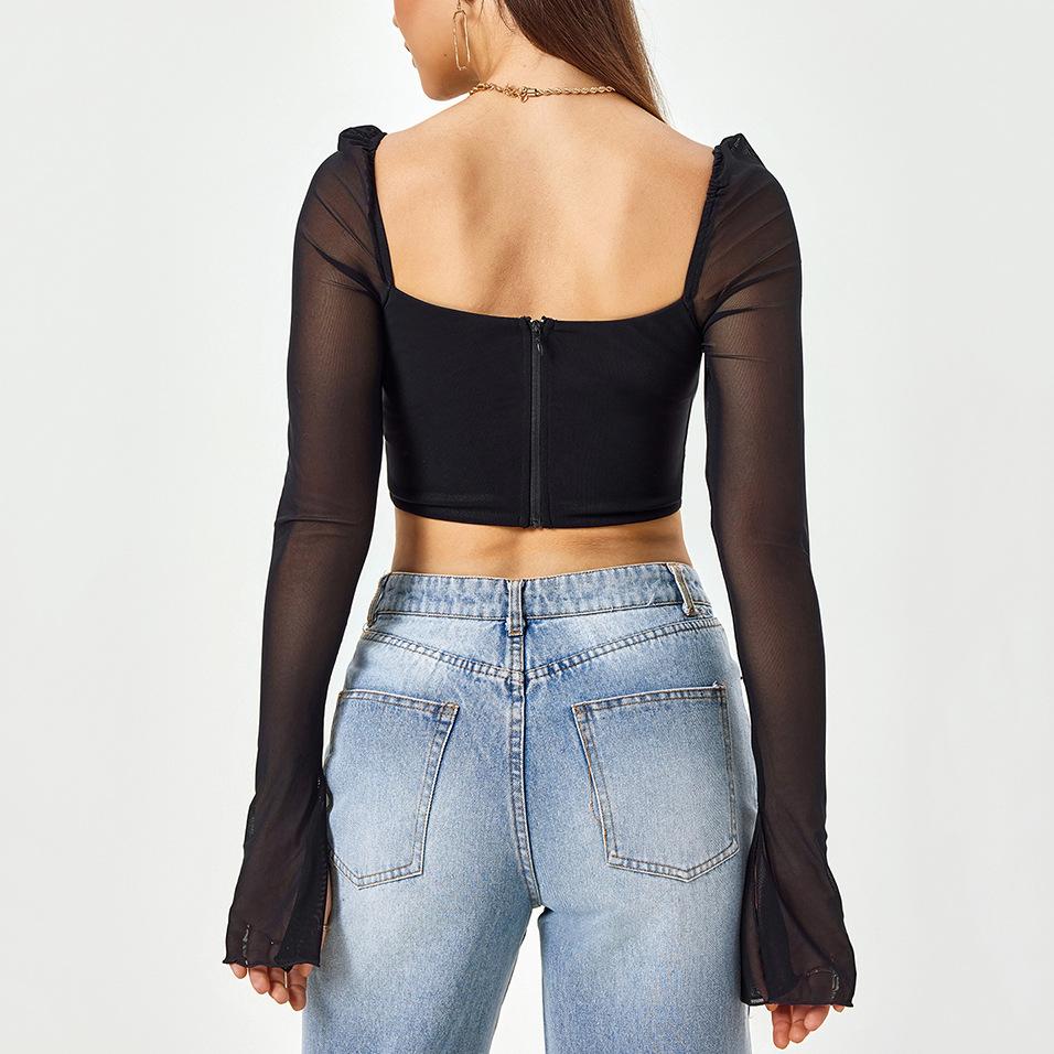 Mesh Hollow Straps Women's Vest, European and American Sexy Halter Horn Long-sleeved Short Knitted Top