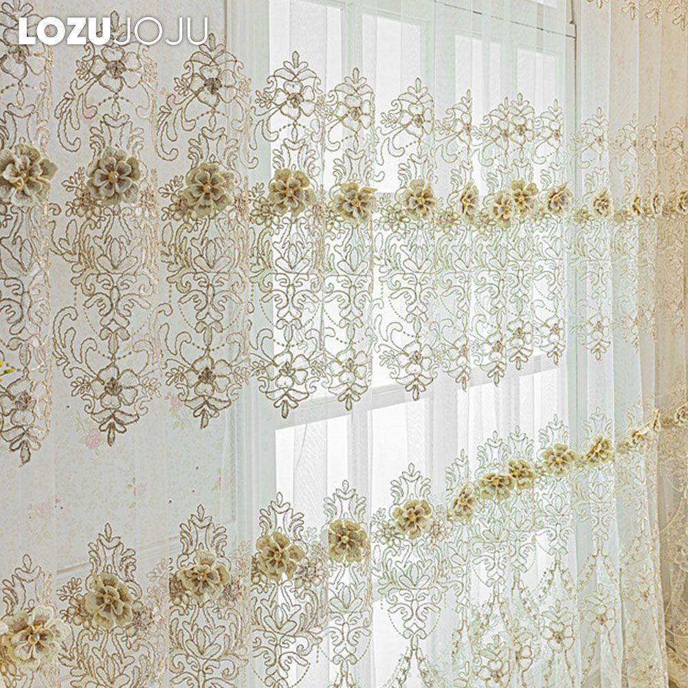 1PC LOZUJOJU European Style Luxury Three-dimensional Embroidery Transparent Tulle Sheer Curtain for Living Room Bedroom Window Decoration Home Decor