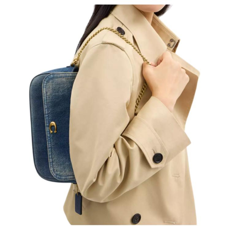 Coach 23 Removable Chain Strap Snap Closure Interior Zipper Pocket Fabric Shoulder Bag Medium Women Shoulder Bag Brass Deep-Indigo CCY20-B4YMW