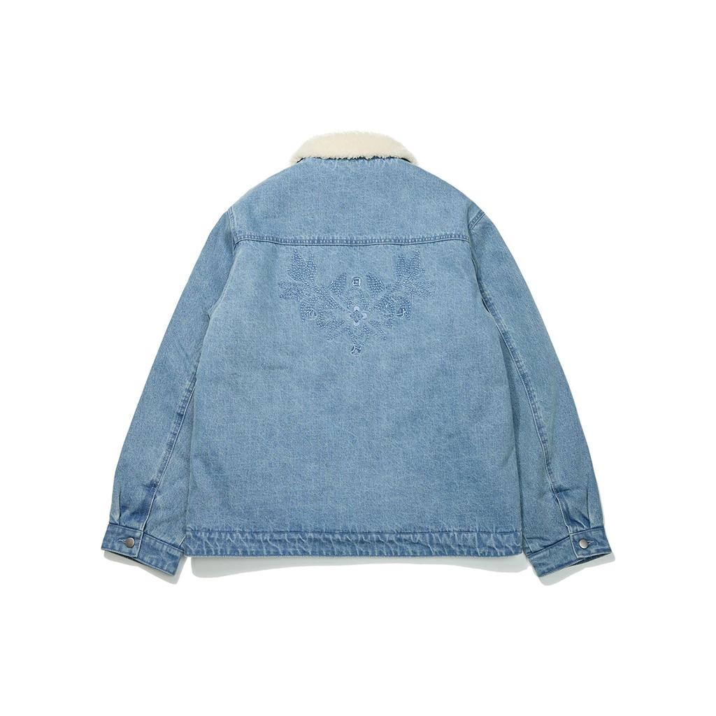 Li Ning Rijin Doujin Collection Solid Color Brand Logo Zipper Lapel Fleece Lined Denim Jacket Men's Blue AJDT003-6