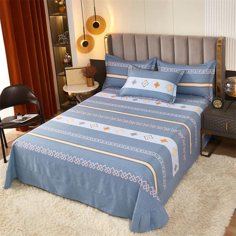 3Pcs Simple Geometric Plaid Bed Sheet Set 100% Cotton Skin-friendly Queen Size Bedding Set Thickened Flat Sheet with Pillowcases