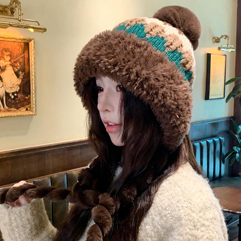 Jacquard Fur Ball Plus Velvet Knitted Hat for Women Winter Cold Protection and Ear Protection Woolen Hat Cycling Lei Feng Hat