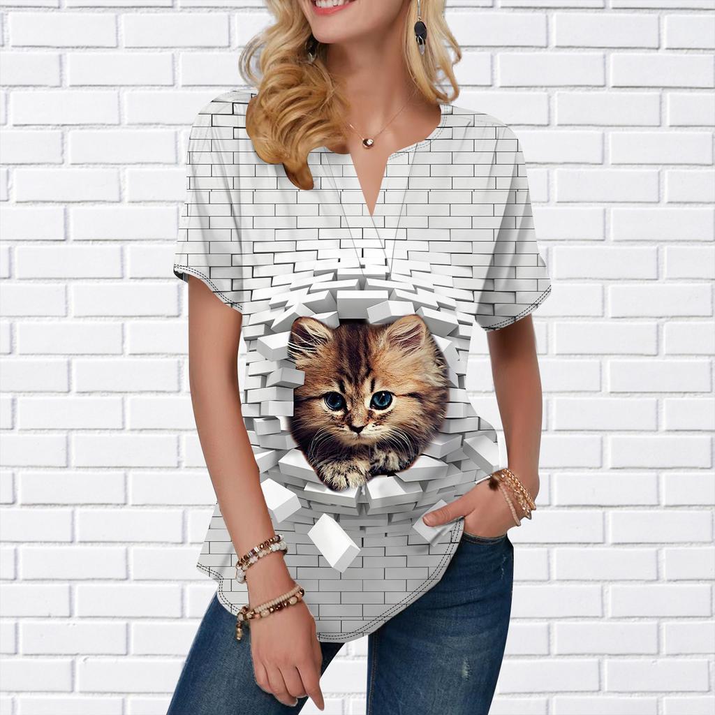 Women Summer T Shirt Brick Moving Cat Print Short Sleeve Tees Casual Printed Tops Small V-neck Short Sleeves