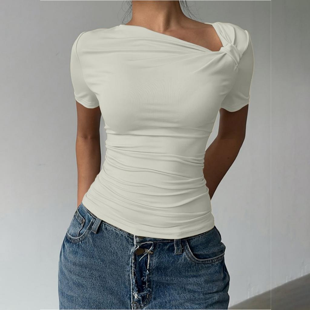 Women's Fashionable Casual Versatile Off-shoulder Pullover Top, Sexy Summer Slim Waist New T-shirt Short Sleeve Top
