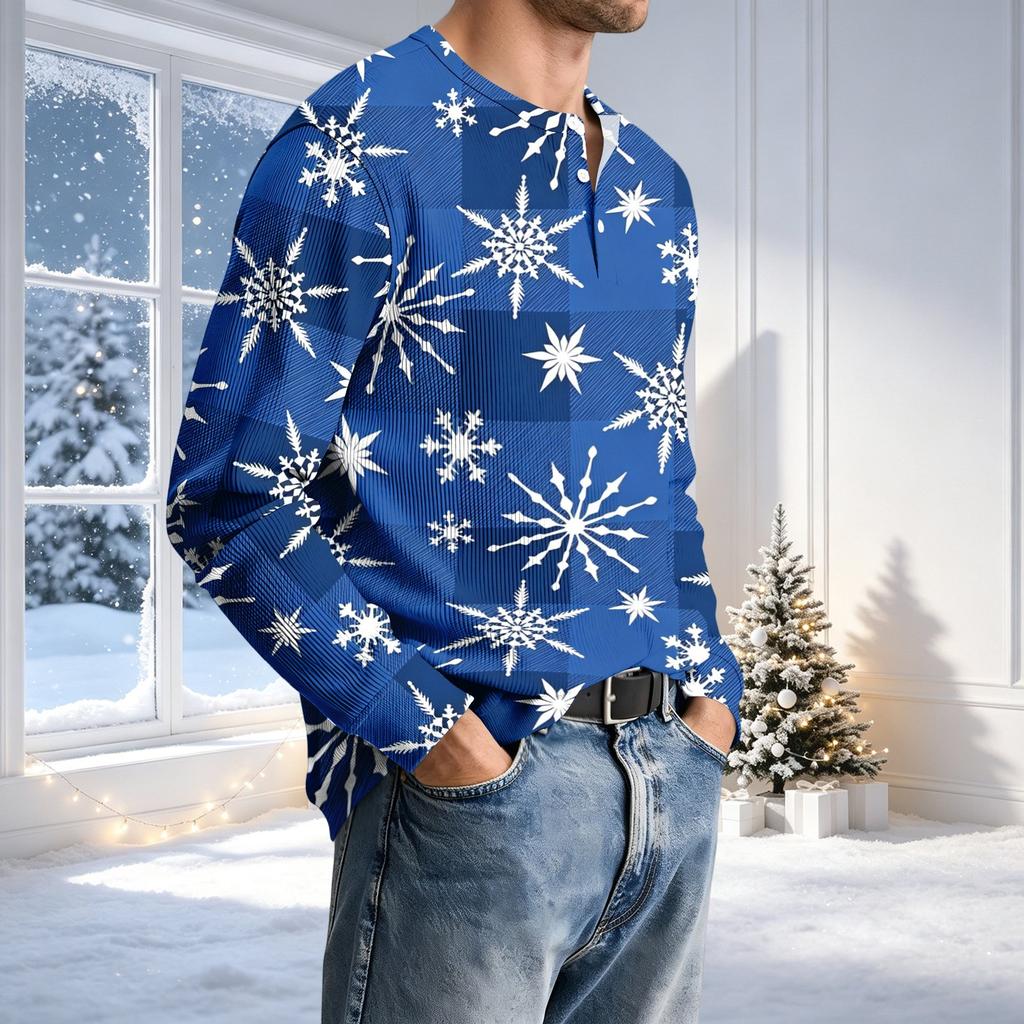 Herren Casual Rundhals Langarm T-Shirt mit Rippstruktur Weihnachtsdruck