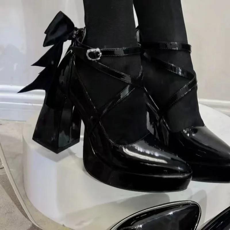 Fashion French Vintage Platform Block Heel High Heels Women's New Bow Mary Jane Single Shoes