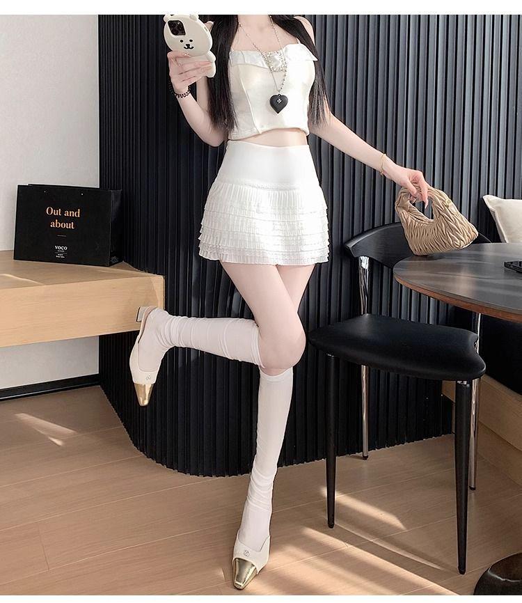 Chic Elastic Waist Pleated White Lace Skirt - Sweet High-Waist, Layered for Autumn/Winter