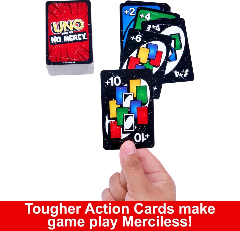 Mattel Games UNO Show ’em No Mercy Card Game – Storage & Travel Tin, Kids & Adults Family Night, Extra Cards with Special Rules