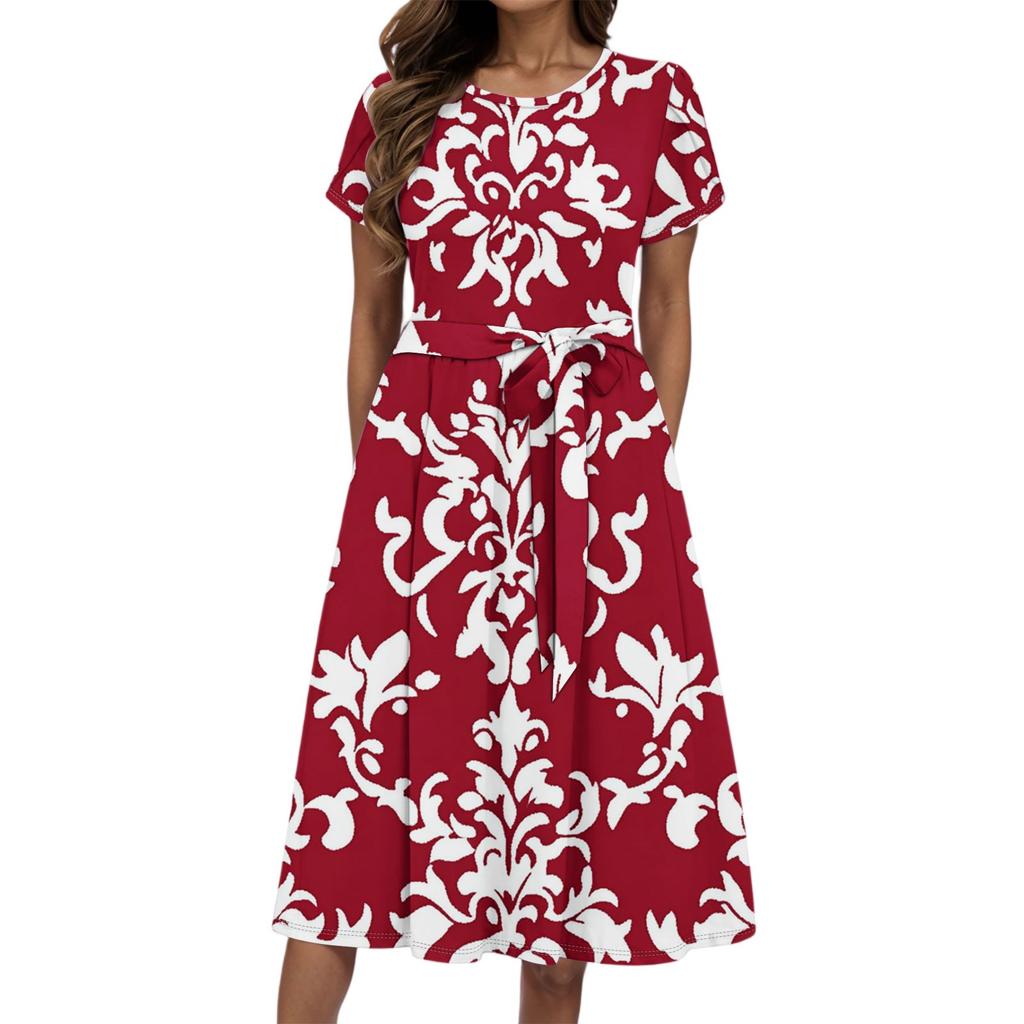 Women's Summer Fashion Round Neck Casual Plant Floral Print Short Sleeve Dress