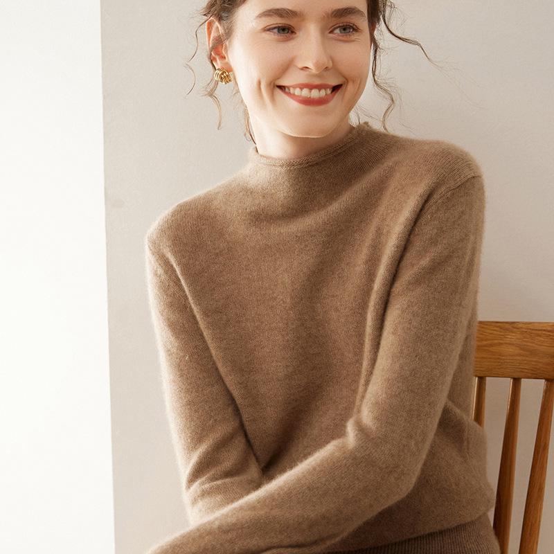 Women's Cashmere Rolled Hem Turtleneck Sweater - Thick, Double-Strand Knit, Solid Color, Short, Loose, Versatile Base Layer.