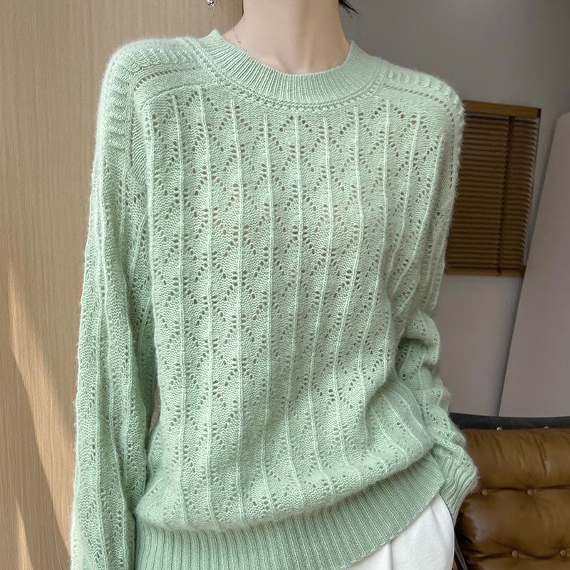 Women's Loose Wool Sweater - Half-High Neck, Diamond Cutout, Crocheted, 100% Pure Wool, Long Sleeve Knit