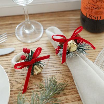 Bowknot Christmas Bell Napkin Ring with Red Fruit Pinecone Elegant Woven Handmade Napkin Ring Festive Christmas Table Decoration