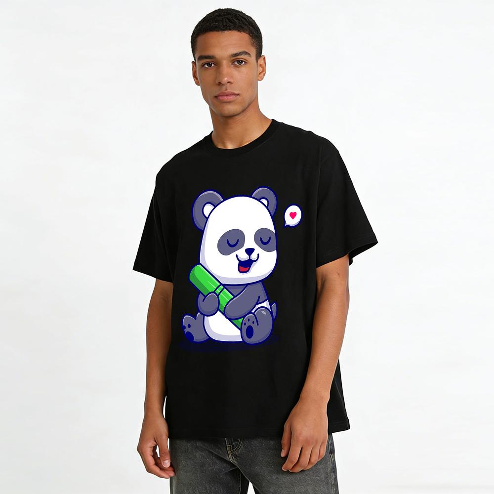 Cute Bamboo-Hugging Panda Print Casual Loose Fit Unisex T-Shirt Pure Cotton T-shirt