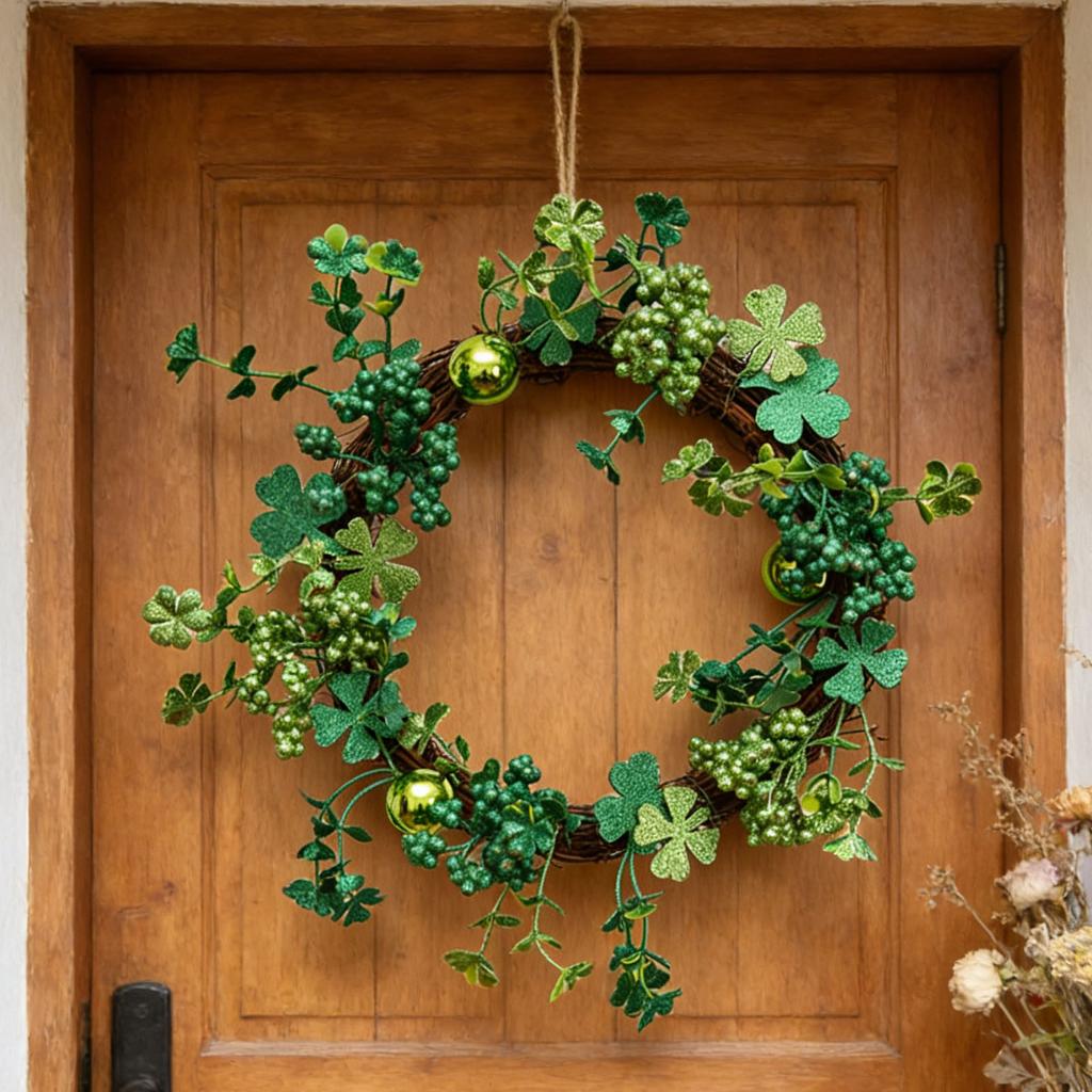 St Patricks Day Wreath for Front Door 15.7 Inch Artificial Clover Lucky Shamrock Wreath for Spring Summer Party Decor