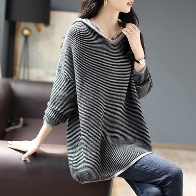 Suéter Plus Size Engrossado Com Capuz Feminino Outono Solto Listrado Malha Suéter Quente Malha Tops