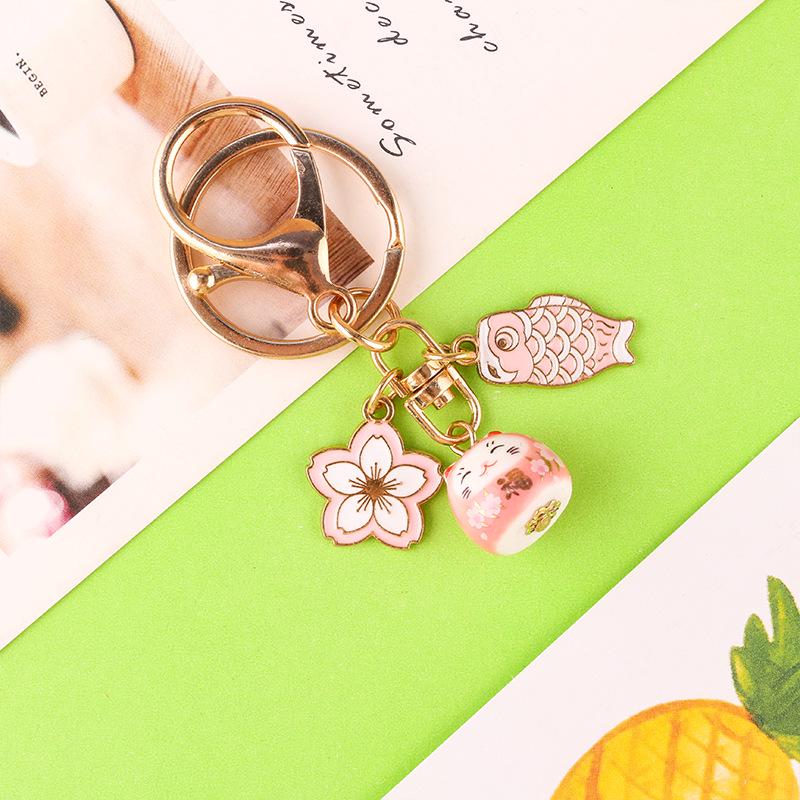 Sakura Ceramic Lucky Cat Pendant Keychain - Cute & Fashionable DIY Accessory