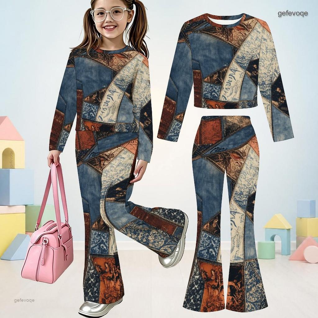 Girls Round Neck Long Sleeve Multi Color Printed Top And Flared Pants Two Piece Set