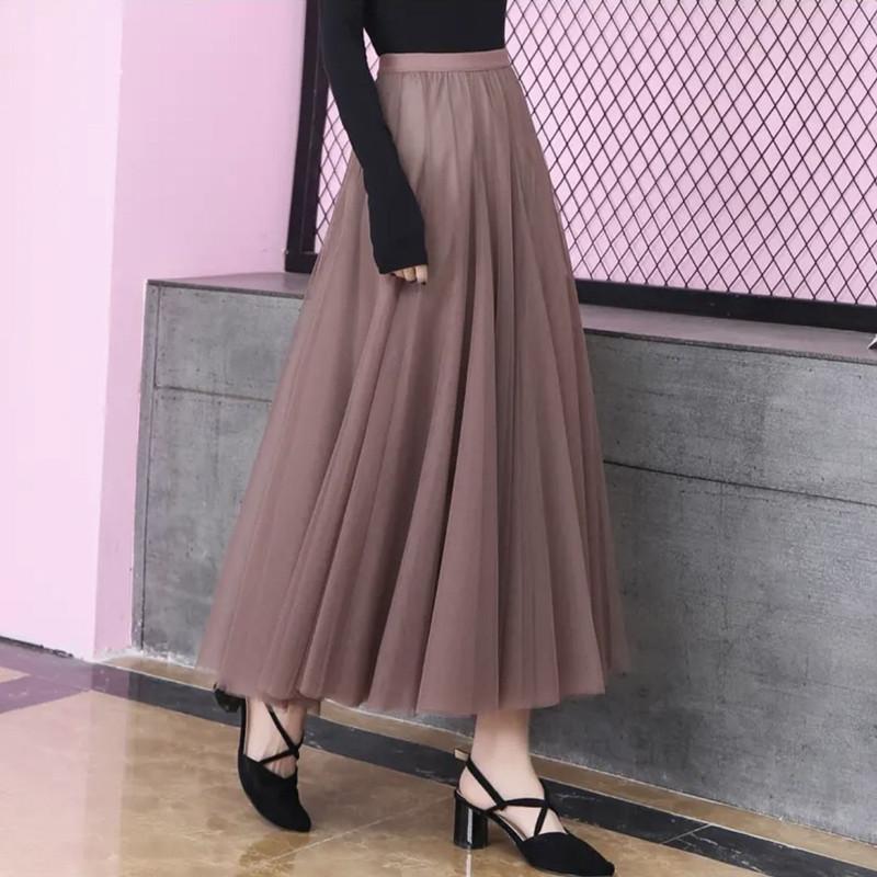 Spring Autumn Summer Holiday Beach Women Long Midi Skirt Ladies Elastic High Waist Tulle Mesh Pleated Tutu Skirt