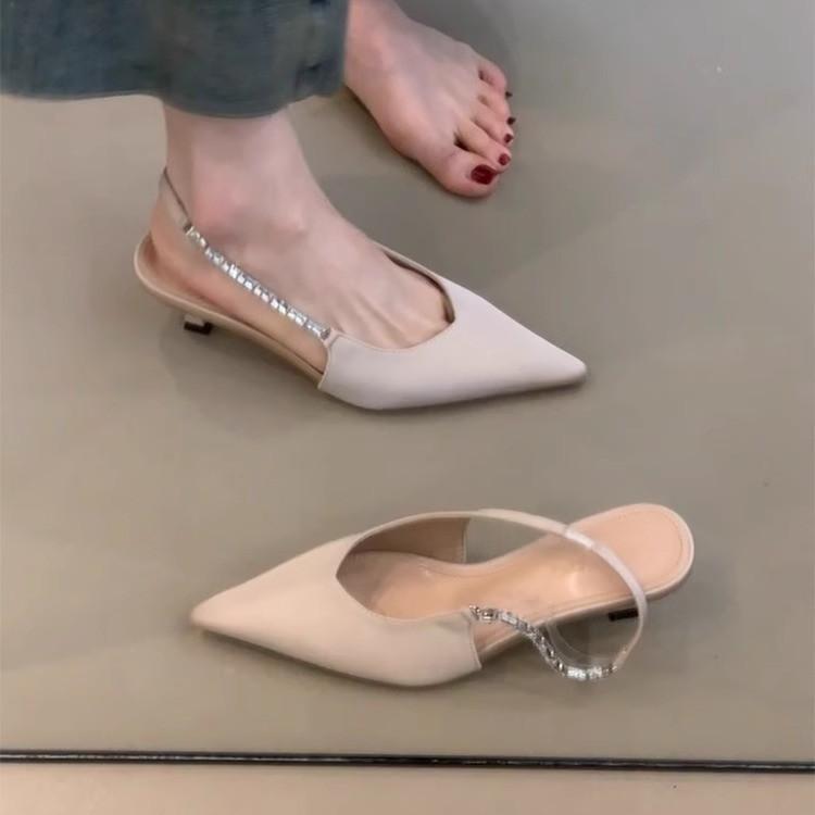 Sheepskin Version~ Gentle Temperament Shallow Mouth Back Strap Rhinestone High Heels Women's Simple Back Empty Tip with Skirt Sandals