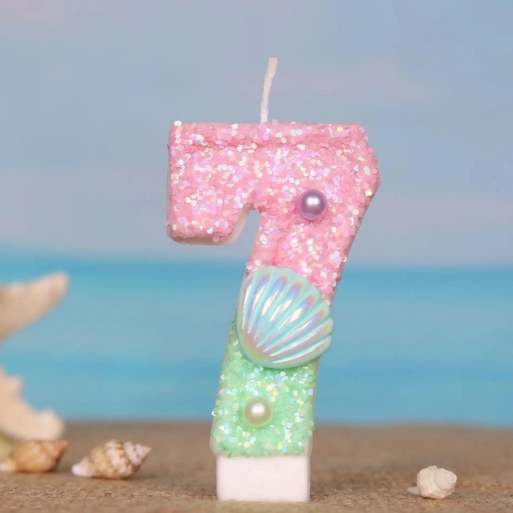 Ocean Mermaid Cake Candles Number 0-9 Number Candle Pink Green Cake Topper Candles Girls Birthday Party Cake Decoration Supplies