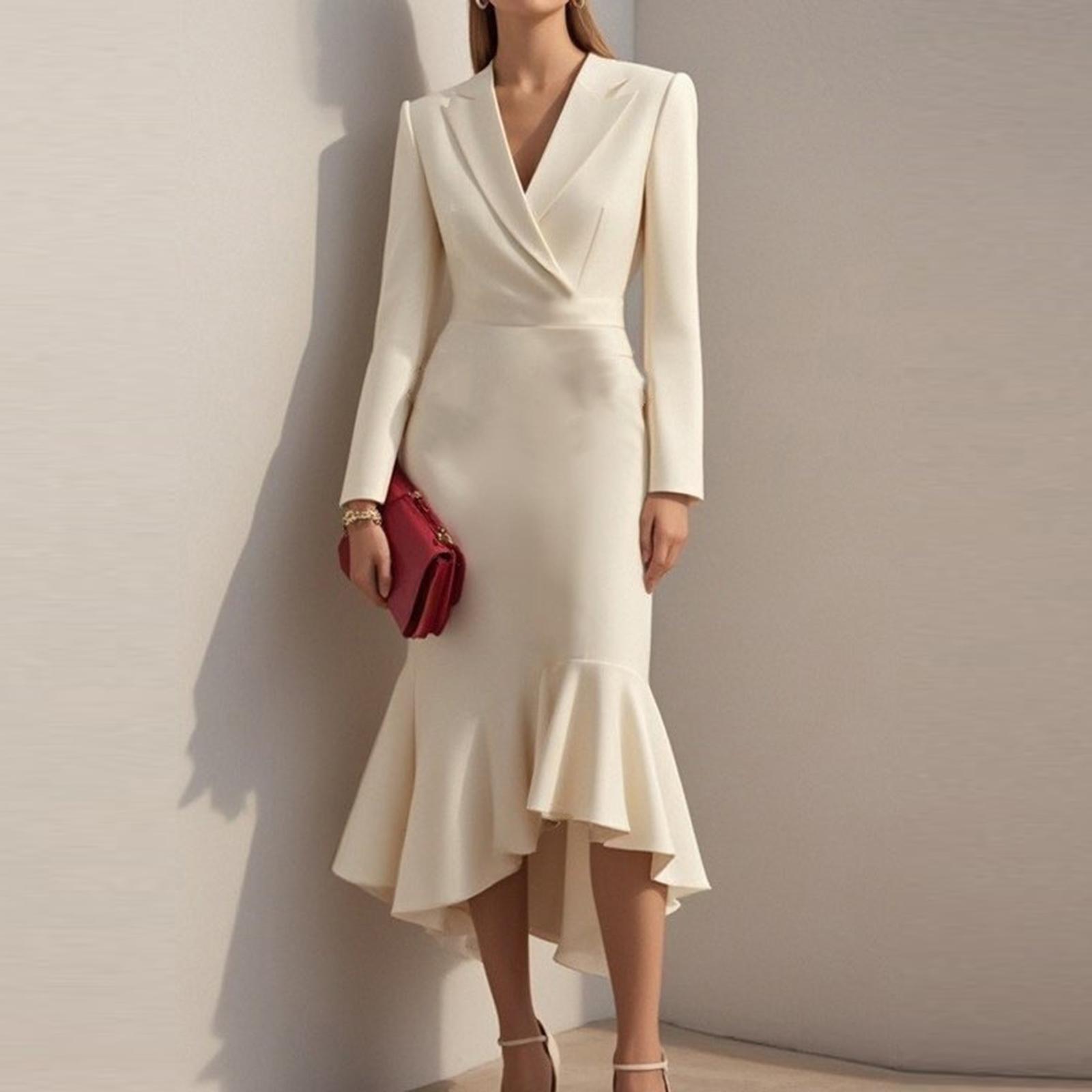 

Женственная Модная Элегантность Однотонное Платье Бодикон с Длинными Рукавами, Воротником-Стойкой, Подчеркивающее Талию, Приталенное, с Юбкой Годе XXL