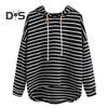 Women Autumn Hoodie Striped Print Contrast Color Drawstring Irregular Hem Long Sleeve Hooded Loose Pullover Casual Soft Lady Spring Sweatshirt
