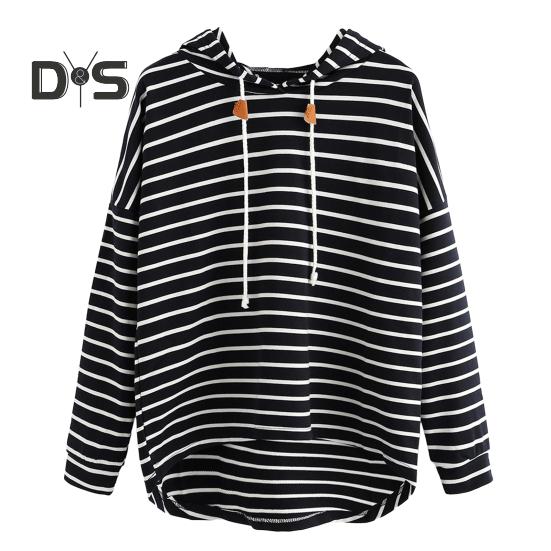 Women Autumn Hoodie Striped Print Contrast Color Drawstring Irregular Hem Long Sleeve Hooded Loose Pullover Casual Soft Lady Spring Sweatshirt
