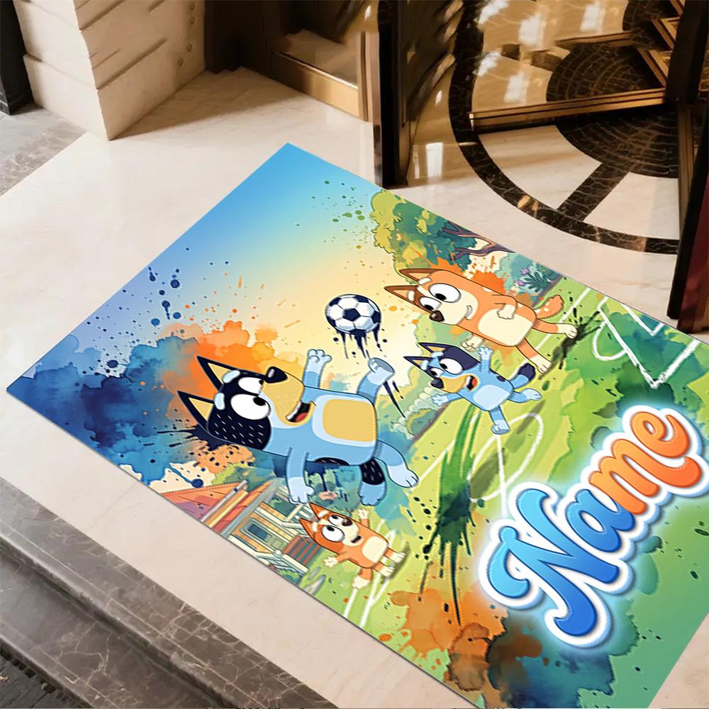 Bluey's Soccer Adventure Personalized Name Floor Rug Office Rug Suitable for Entryway Hallway Foyer Decorate room Anti-slip Rug Office home decor