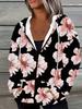 Printed Design Pink Floral Print On Black Zip Up Hoodie, Long Sleeve Casual Hooded Sweatshirt Jacket