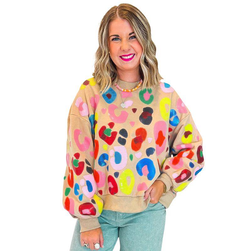 

2025 Зима Новый Цветной Блок Леопардовый Принт Пуловер Женский Европейский и Американский Повседневный Свободный Универсальный Худи без Капюшона Женский Khaki L code fits (62.50 kg-70.00 kg