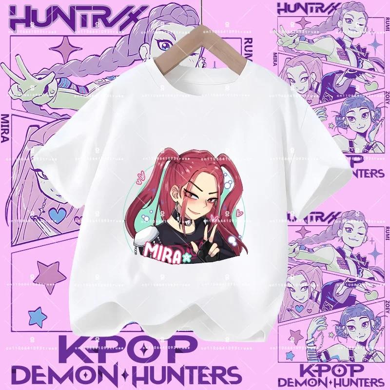 2026 New Kpop Demon Hunters Children's Polyester T-shirt - Girls' Casual Top with Cartoon Print - Summer Short-Sleeved Sports Shirt