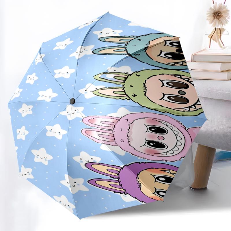 Labubu1 Print Automatic Umbrella, 8 Rib Iron Frame, Plastic Handle, Suitable for Outdoor Travel &Daily , Ideal Gift