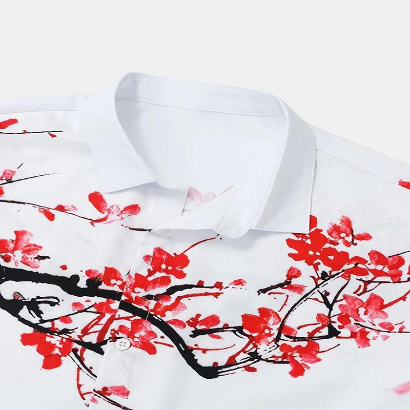 Men's Casual Ink Painting Plum Blossom Shirt Short Sleeved Turn-down Collar Beach Shirt Cardigan
