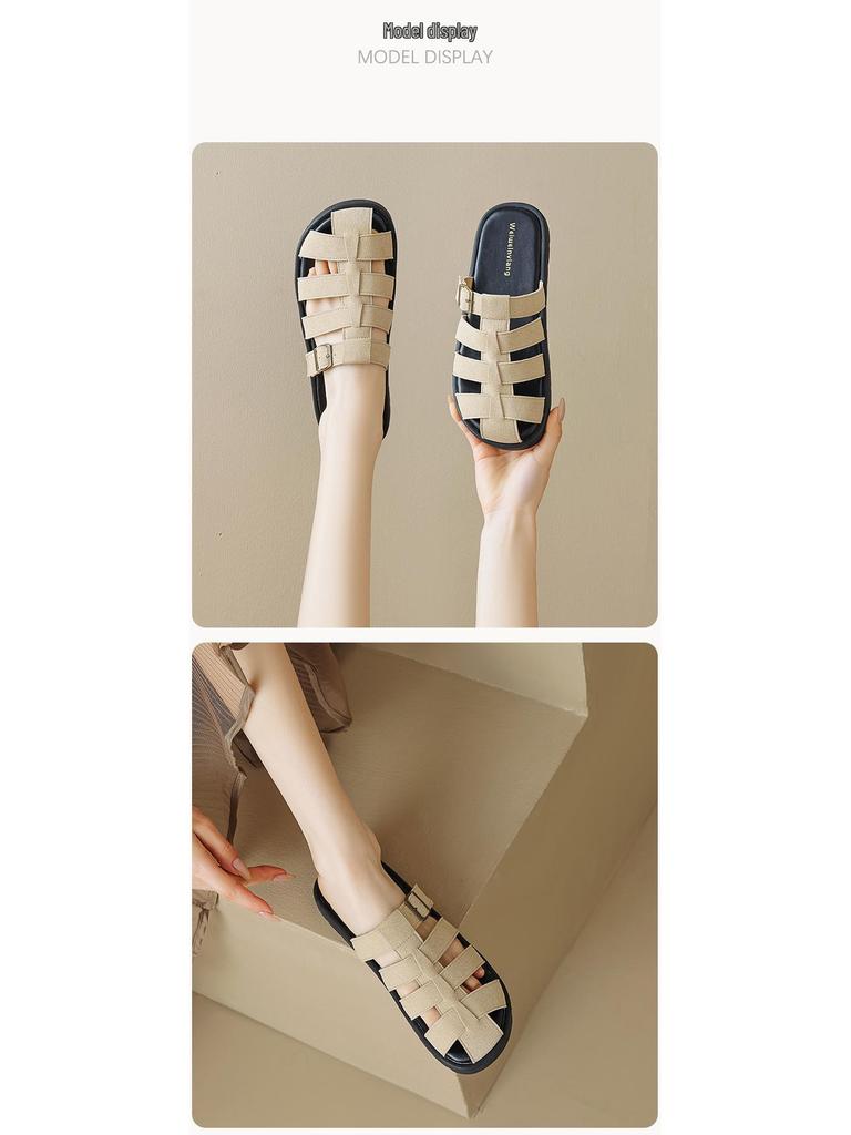 Weiwei Girl Women's French Retro Pointed Toe Woven Roman Slippers Sandals for Summer