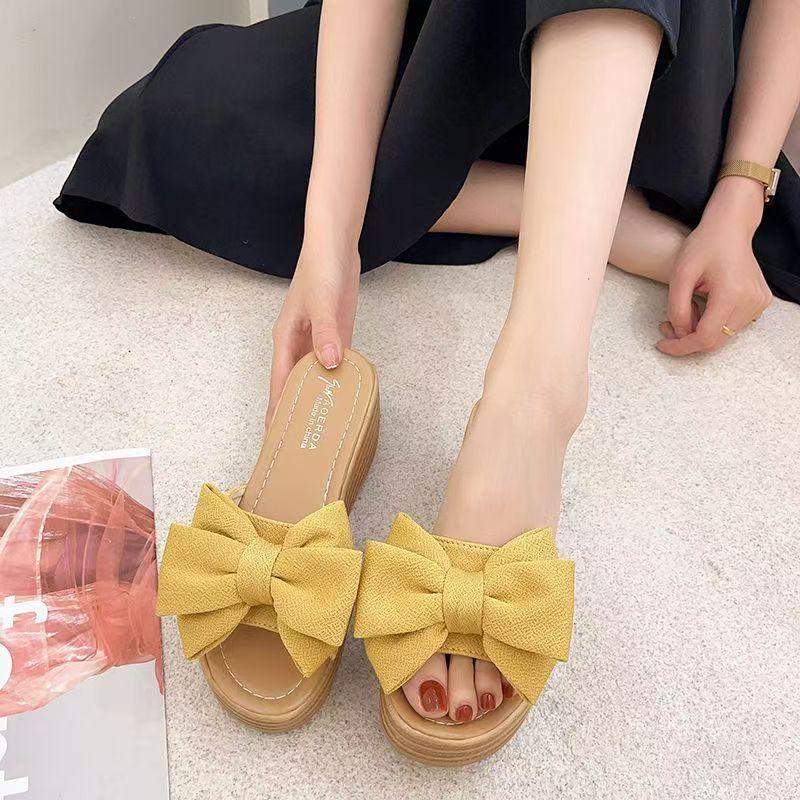 Women's Summer New Wedges Bow Outdoor Slippers Thick Sole Non Slip Lightweight Home Slippers Outdoor High Heel Slippers Sandals